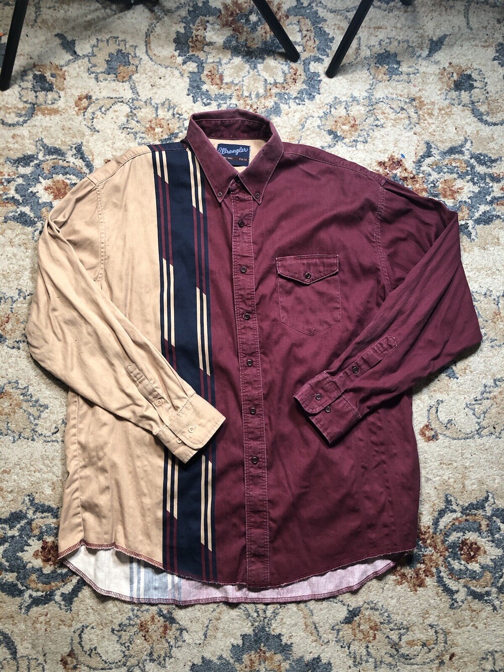 VTG Wrangler X-Long Tails Red Tan Stripe Western Shirt Mens 17.5-35 Button Up